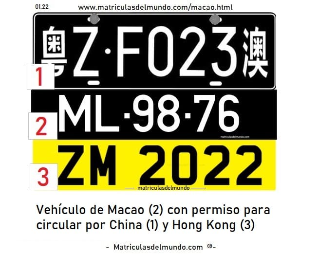 Matrículas utilizadas por un vehículo de Macao que cruza a China y Hong Kong