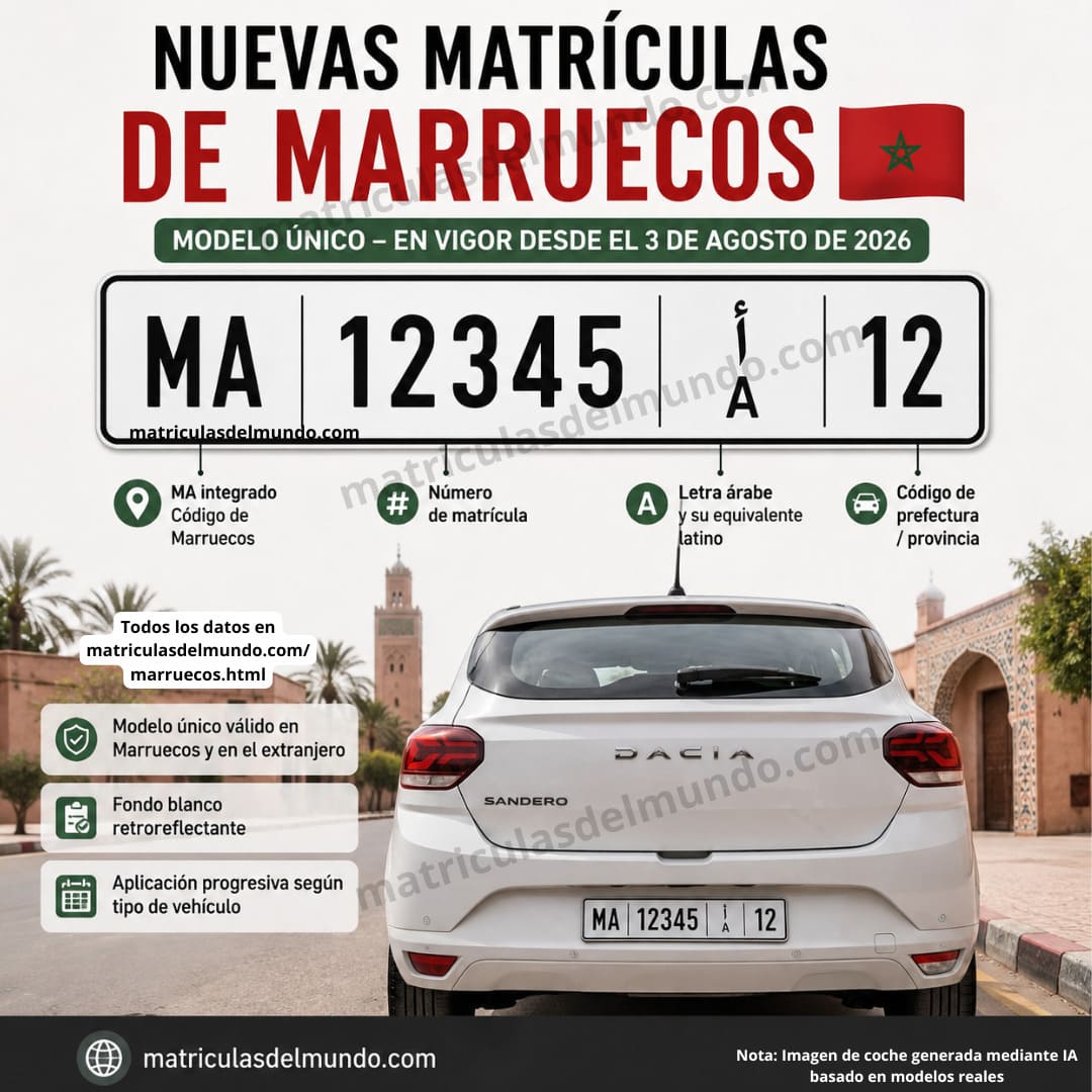 Nuevas matrículas de Marruecos 2026: nuevo modelo con MA y caracteres árabes y latinos Nuevas matrículas de Marruecos de 2026 con distintivo MA integrado, número de matrícula, caracteres árabes y equivalencia latina