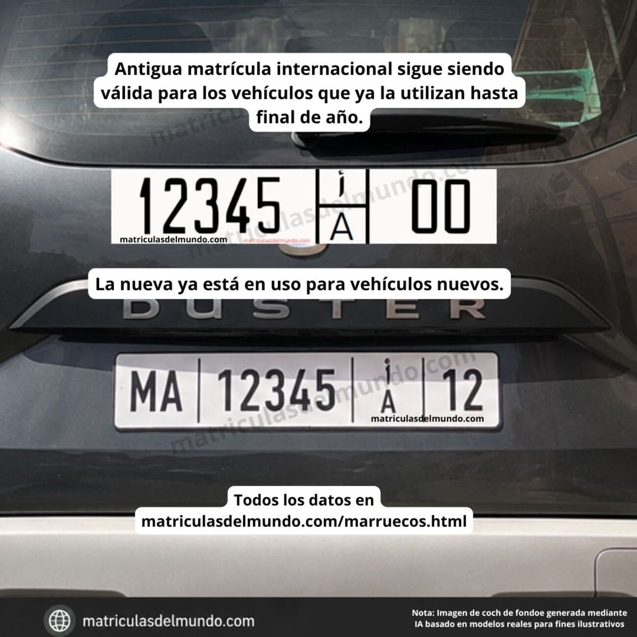 Tipos de matrículas de Marruecos 2026: antigua matrícula internacional y nuevo modelo con MA integrado Tipos de matrículas vehiculares de Marruecos: antigua matrícula internacional y nueva matrícula unificada con MA, caracteres árabes y latinos