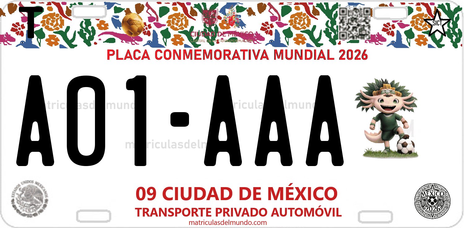 Placa de matrícula de la ciudad de México especial para Mundial Fútbol 2026