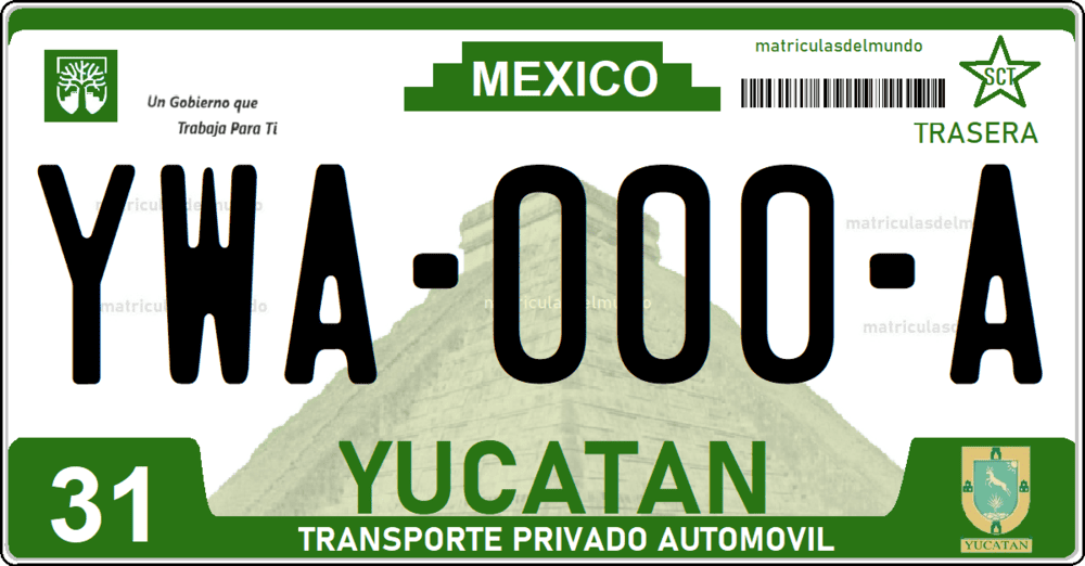 Placa de matrícula de Yucatán con piramide maya verde matriculasdelmundo