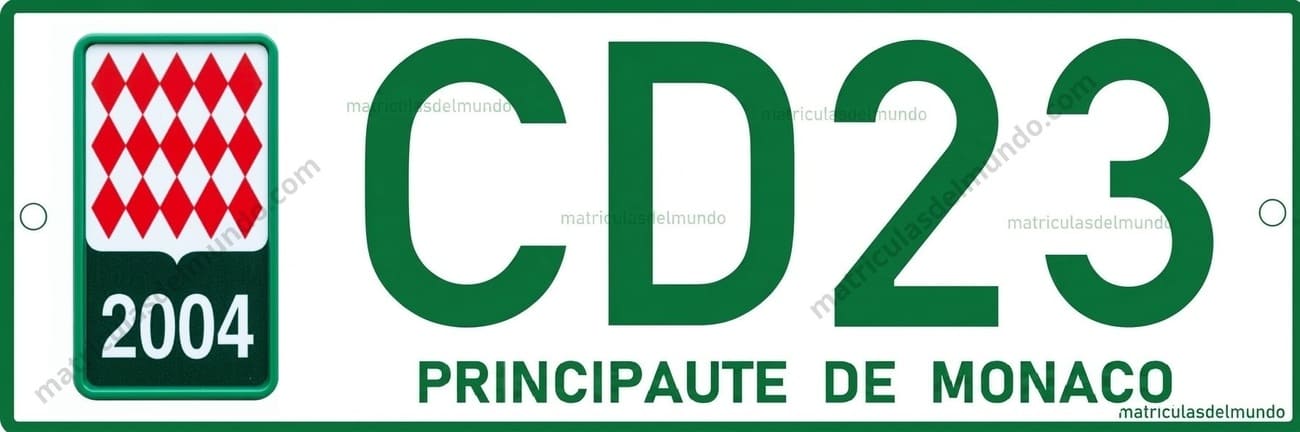 Matrícula diplomática antigua de Mónaco en color verde con código CD y escudo tradicional del principado, utilizada antes de la reforma de 2004