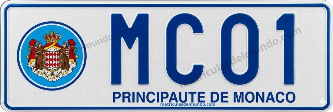 Placa oficial de Mónaco con código MC01 y escudo principesco