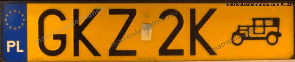 Matrícula de vehículo histórico de Polonia amarilla con letras GKZ