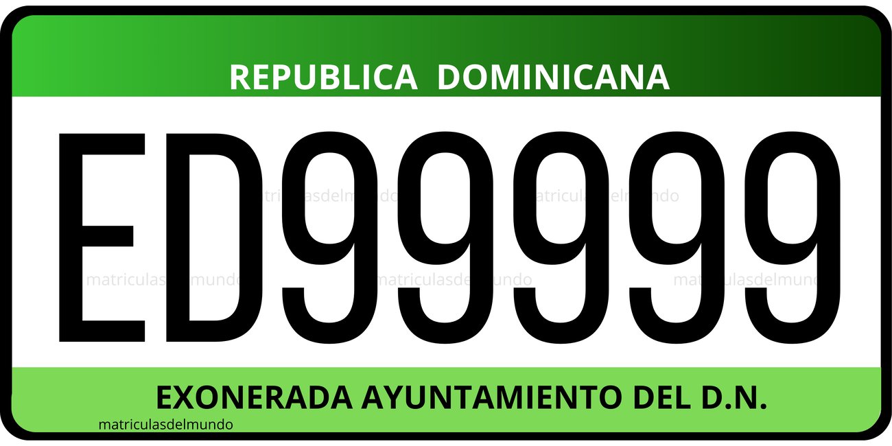 Matrícula de República Dominicana exonerada azul de Ayuntamiento del Distrito de ejemplo