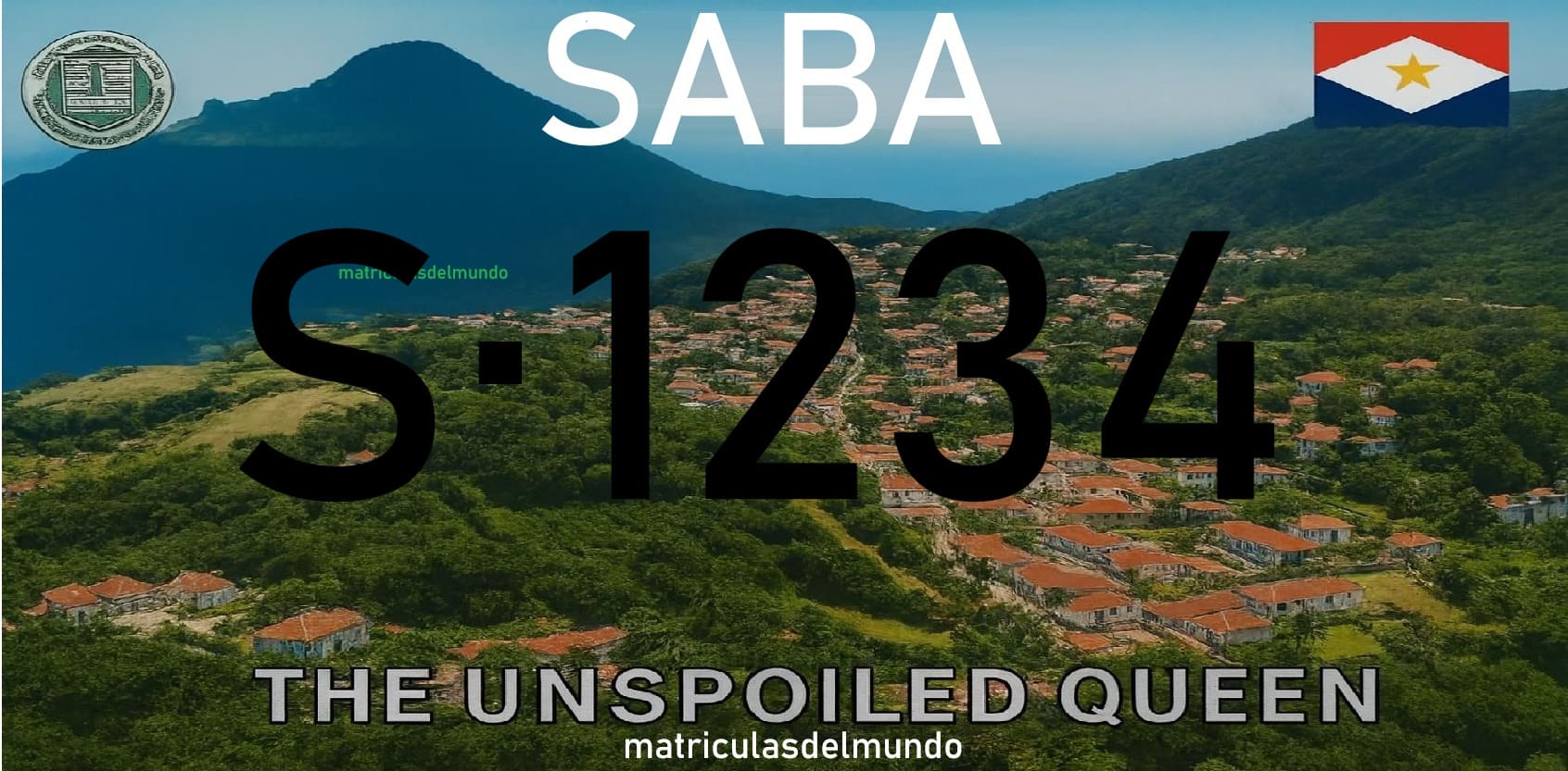 Ejemplo de matrícula de coche actual de la Isla de Saba Matrícula de Saba actual con fotografía de la isla de fondo