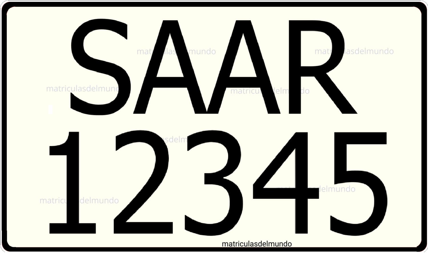 Ejemplo de matrícula de coche blanca con letras SAAR y números cuadrada