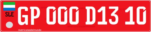 Matrícula de coche de Sierra Leona para concesionario con fondo rojo y letras GP antigua. Dealership license plate