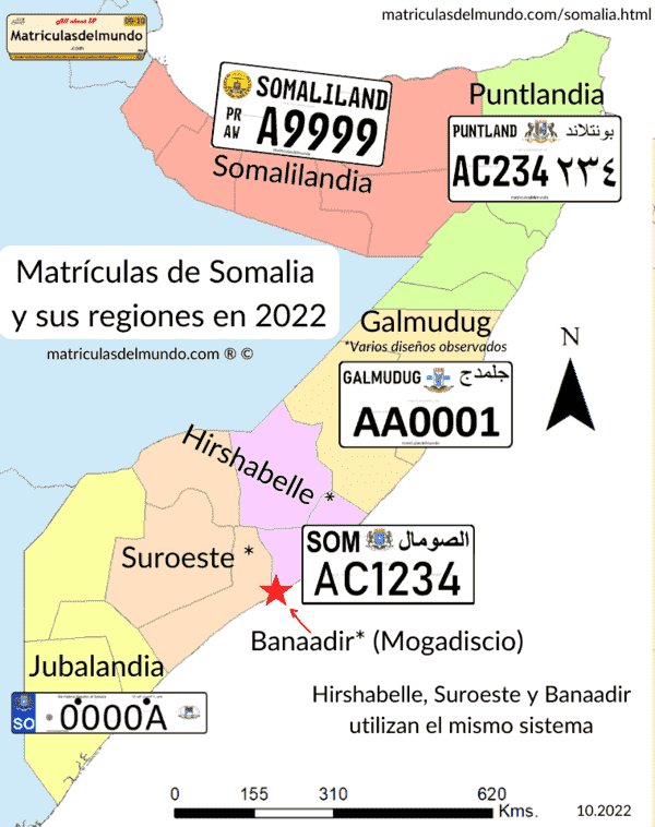 Mapa de los diseños de las matrículas utilizados actualmente en Somalia Mapa de las matrículas utilizadas en Somalia actualmente, Somalilandia, Puntland