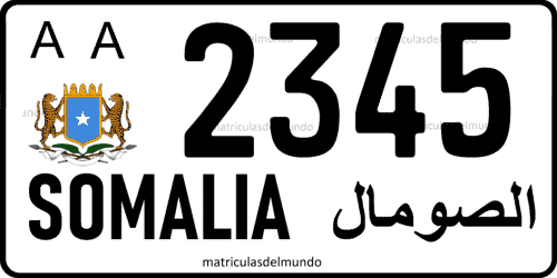 Matrícula de Somalia de coche de ejemplo desde 2004 a 2012 AA