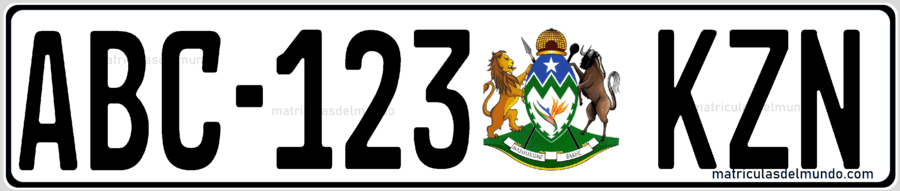 Matrícula de coche de KwaZulu-Natal dcon letras negras y escudo desde 2023