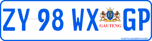 matrícula de coche de Gauteng con letras azules y escudo ZY98WXGP
