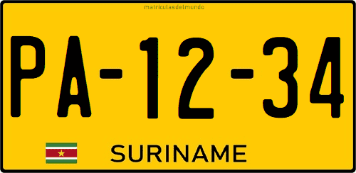 Matrícula de coche de Suriname actual con bandera y fondo amarillo